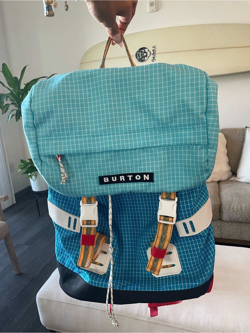 Burton Teal & Blue Grid Rolltop Backpack with Yellow Accents NEVER USED!